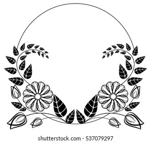 Round black and white frame outline decorative flowers. Copy space. Vector clip art.