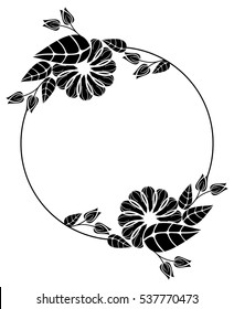 Round black and white frame outline decorative flowers. Copy space. Vector clip art.