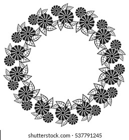 Round black and white frame outline decorative flowers. Copy space. Vector clip art.
