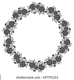 Round black and white frame outline decorative flowers. Copy space. Vector clip art.