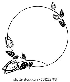 Round black and white frame outline decorative flowers. Copy space. Vector clip art.