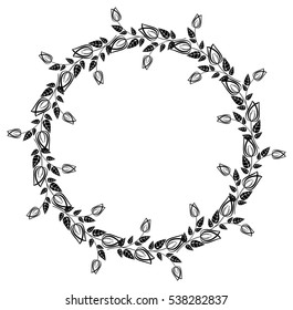 Round black and white frame outline decorative flowers. Copy space. Vector clip art.