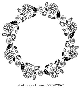 Round black and white frame outline decorative flowers. Copy space. Vector clip art.