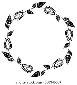 Round black and white frame outline decorative flowers. Copy space. Vector clip art.