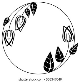 Round black and white frame outline decorative flowers. Copy space. Vector clip art.
