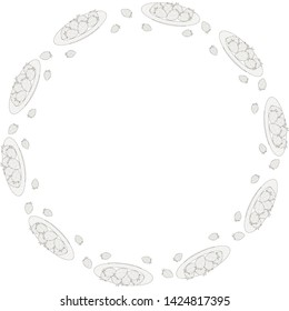 Round black and white frame pattern of plates with whole strawberries and strawberries outside. Coloring page. Vector.