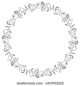 Round black and white frame of pencils, pens, compasses, alarm clocks, notebooks, textbooks, backpacks and backpacks. Painting for September 1. Vector.