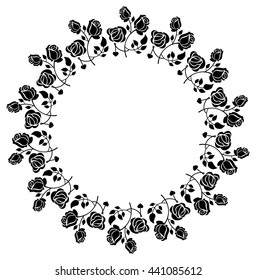 Round black and white frame with roses silhouettes. Vector clip art.