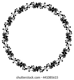 Round black and white frame with roses silhouettes. Vector clip art.