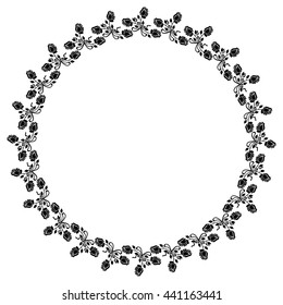 Round black and white frame with roses silhouettes. Vector clip art.