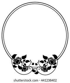 Round black and white frame with roses silhouettes. Vector clip art.