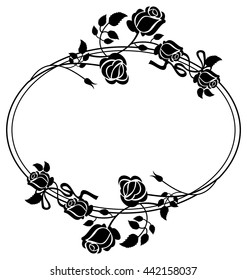 Round black and white frame with roses silhouettes. Vector clip art.
