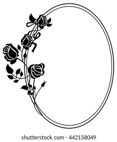 Round black and white frame with roses silhouettes. Vector clip art.