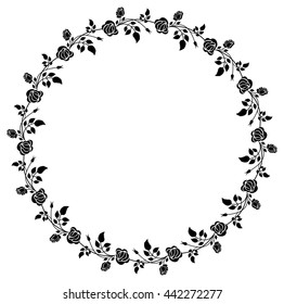 Round black and white frame with roses silhouettes. Vector clip art.