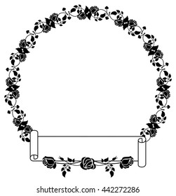 Round black and white frame with roses silhouettes. Vector clip art.