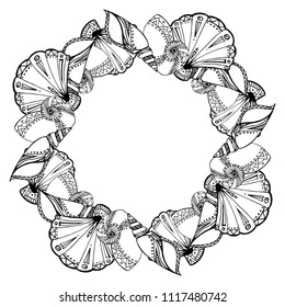 Round black and white frame with seashells with boho pattern. The object is separate from the background.  Vector template for greeting cards, invitation cards and your design