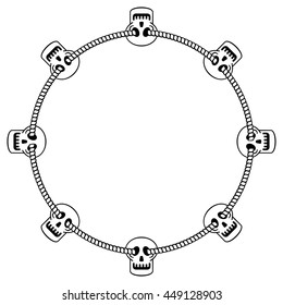 Round black and white frame with skull. Vector clip art.