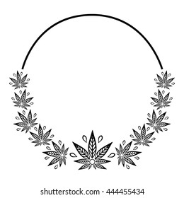 Round black and white frame of stylized cannabis leaf.