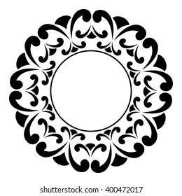 Round black and white frame with swirls. Decorative element for design of books, printed materials, invitation for a wedding or a celebration, for albums.