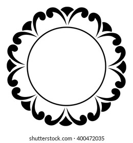 Round black and white frame with swirls. Decorative element for design of books, printed materials, invitation for a wedding or a celebration, for albums.