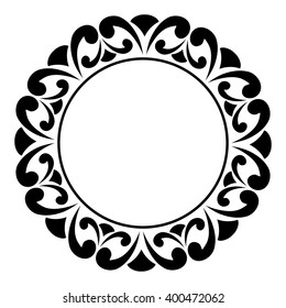 Round black and white frame with swirls. Decorative element for design of books, printed materials, invitation for a wedding or a celebration, for albums.