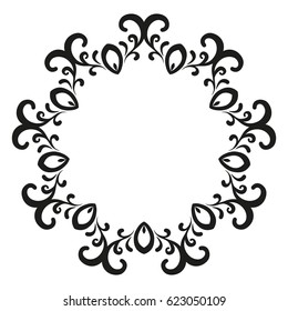 Round black and white frame with swirls. Decorative element for design of books, printed materials, invitation for a wedding or a celebration, for albums.