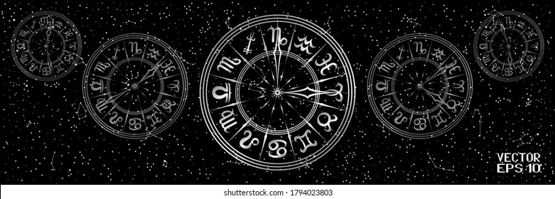 Round Black and White Frame with Zodiac Signs. Horoscope Symbol. Panoramic Sky Map of Hemisphere. Constellations on Starry Night Background. Vector. 3D Illustration