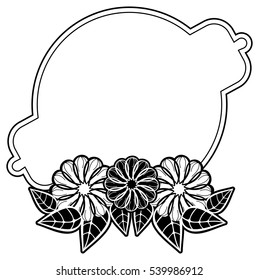Round black and white label with abstract decorative flowers. Copy space. Vector clip art.