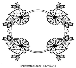 Round black and white label with abstract decorative flowers. Copy space. Vector clip art.