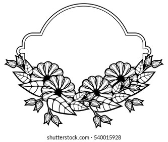 Round black and white label with abstract decorative flowers. Copy space. Vector clip art.