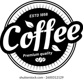 Round black and white logo representing a coffee brand, featuring stylized coffee beans and leaves, along with the text highlighting premium quality established in 1856