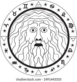 Round black and white pattern. A man with a mustache, beard and long hair with an open mouth. Oracle, clairvoyant, Delphic diviner. Symbols of zodiac signs and elements.