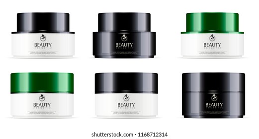 Round black and white set, plastic jars with black and green glossy lid for cosmetics - body cream, gel, butter, bath salt, skin care, powder. Realistic packaging mockup template. Vector illustration.