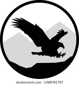 Round black and white stamp style wild eagle soaring silhouette with mountains in the background graphic. Vector eps design.