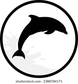 Round black and white stamp style silhouette dolphin with water splashing graphic. Vector eps design.