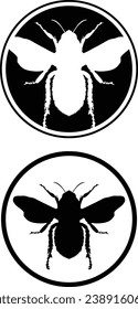 Round black and white stamp style bee icons set. Positive and negative vector eps graphic designs.