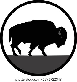 Round black and white stamp style bison or buffalo silhouette icon. Vector eps graphic design.