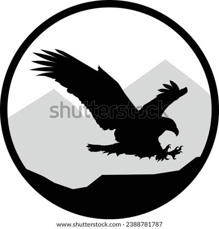 Round black and white stamp style wild eagle soaring silhouette with mountains in the background graphic. Vector eps design.