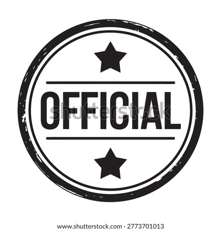 Round black and white stamp with word official and two stars. Approved authentic rubber seal.