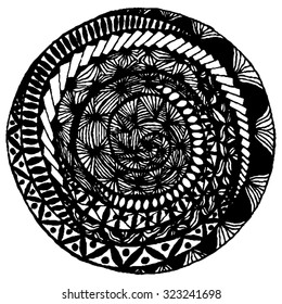 Round black and white swirling into a spiral of hand-drawn mandala with many small details. All isolated.
