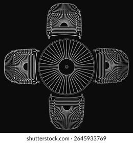 Uma mesa redonda em preto e branco com um acabamento brilhante é rodeada por quatro cadeiras modernas com encostos curvos e apoios para os braços, colocados contra um fundo preto sólido para contraste impressionante.