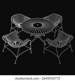 Uma mesa redonda em preto e branco com um acabamento brilhante é rodeada por quatro cadeiras modernas com encostos curvos e braços. O plano de fundo preto sólido cria um contraste impressionante