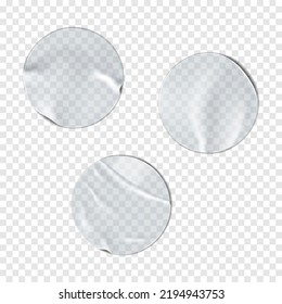 Round Blank Clear Crumpled Plastic Sticker On Transparent Background Realistic Vector Mock-up. Wrinkled Adhesive Circle Label Mockup Set