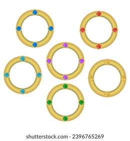 Round blank icons with 4 gems, game frame. Gold, silver, copper, bronze.  Vector and illustration.