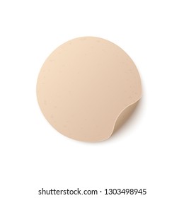 Round blank light brown paper sticker with folded edge in realistic style isolated on white background. Vector illustration of mock up circle adhesive curled label or note paper.