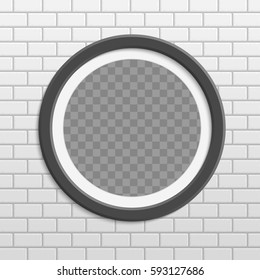 Round blank photo frame on white brick wall. Vintage framework for your picture. Vector illustration in realistic style. EPS 10.
