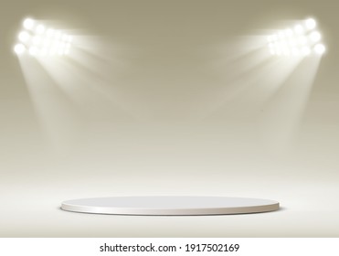 Round blank podium illuminated by spotlights. Vector background