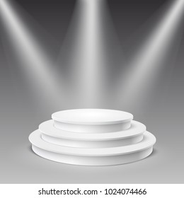 round blank podium on transparent background. Stage for awards ceremony. Pedestal. Spotlight. Vector illustration.