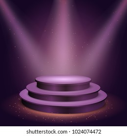 round blank podium on transparent background. Stage for awards ceremony. Pedestal. Spotlight. Vector illustration.