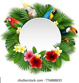 Round blank sign with birds collection and tropical plants background
